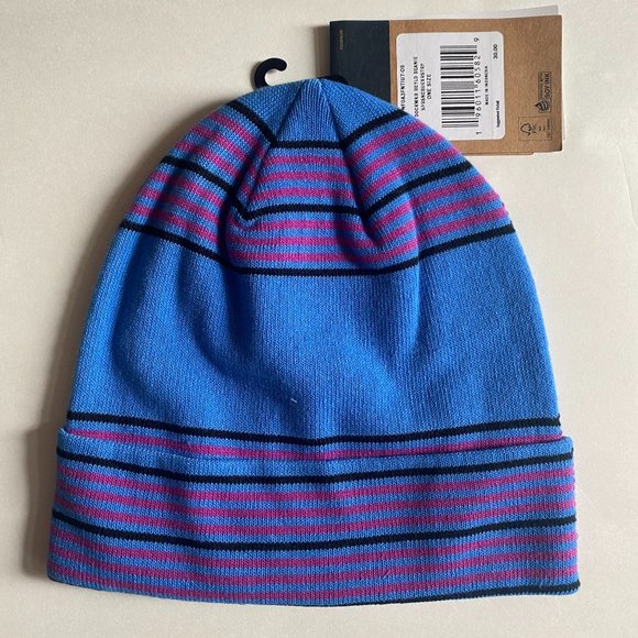 The North Face Dock Worker Recycled Cuffed Beanie Hat Ski Cap Blue Striped - Picture 2 of 3